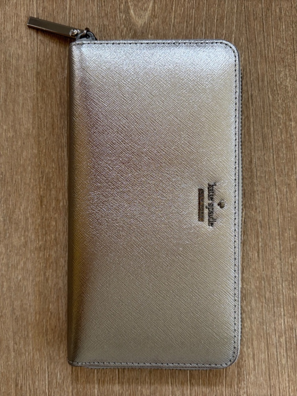Kate Spade Large Metallic Silver Fold Over Zip-Around Wallet